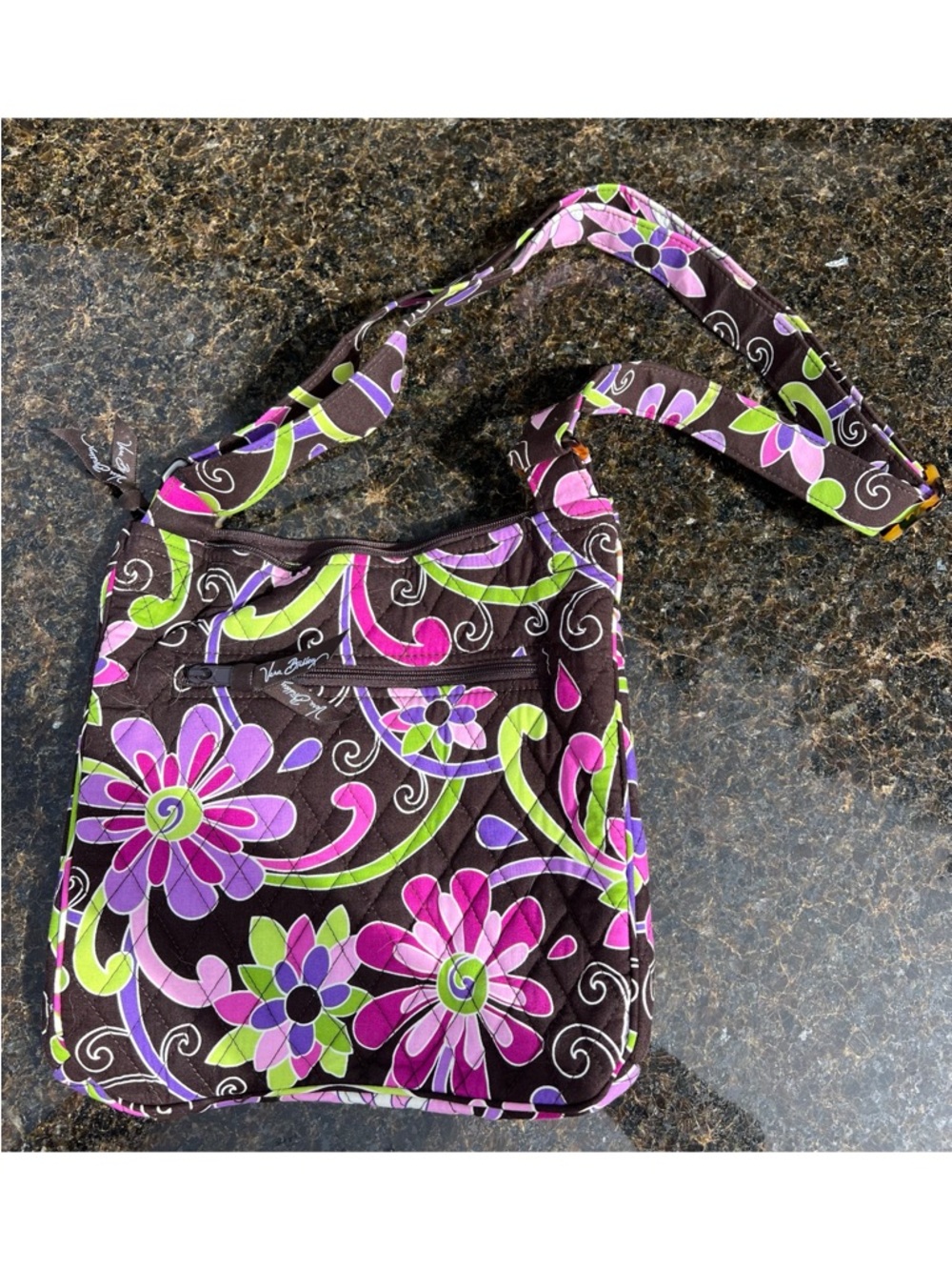 Vera Bradley Dark Brown Crossbody with Purple & Green Floral Pattern. - Picture 5 of 7